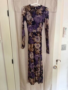 Free People Purple and Brown Floral Long Sleeve Maxi Dress